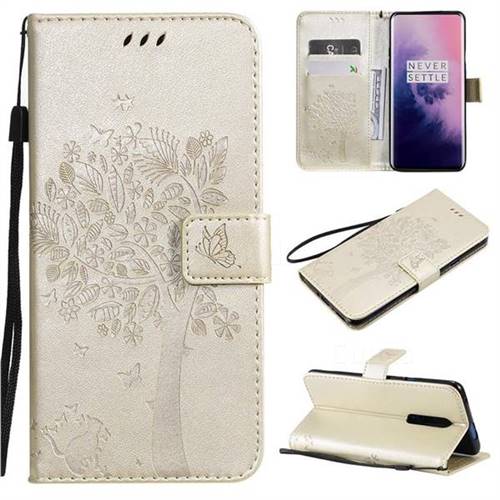 Embossing Butterfly Tree Leather Wallet Case for OnePlus 7 Pro - Champagne