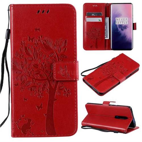 Embossing Butterfly Tree Leather Wallet Case for OnePlus 7 Pro - Red
