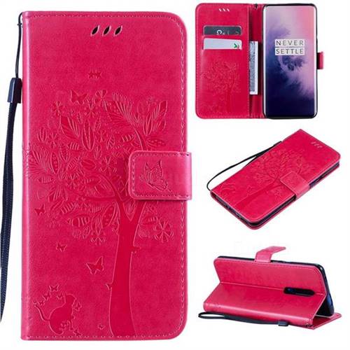 Embossing Butterfly Tree Leather Wallet Case for OnePlus 7 Pro - Rose