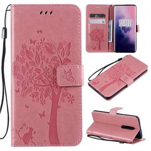 Embossing Butterfly Tree Leather Wallet Case for OnePlus 7 Pro - Pink