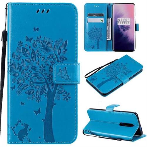 Embossing Butterfly Tree Leather Wallet Case for OnePlus 7 Pro - Blue