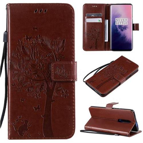 Embossing Butterfly Tree Leather Wallet Case for OnePlus 7 Pro - Coffee
