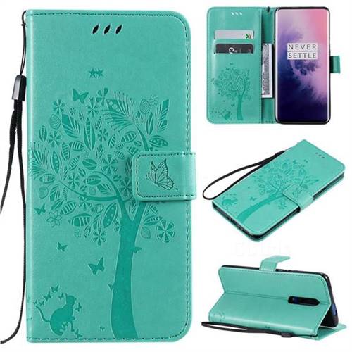 Embossing Butterfly Tree Leather Wallet Case for OnePlus 7 Pro - Cyan