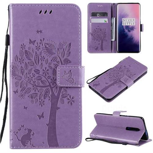 Embossing Butterfly Tree Leather Wallet Case for OnePlus 7 Pro - Violet