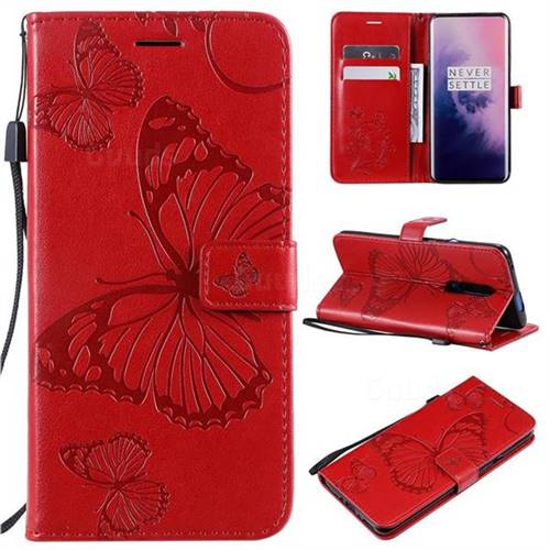 Embossing 3D Butterfly Leather Wallet Case for OnePlus 7 Pro - Red