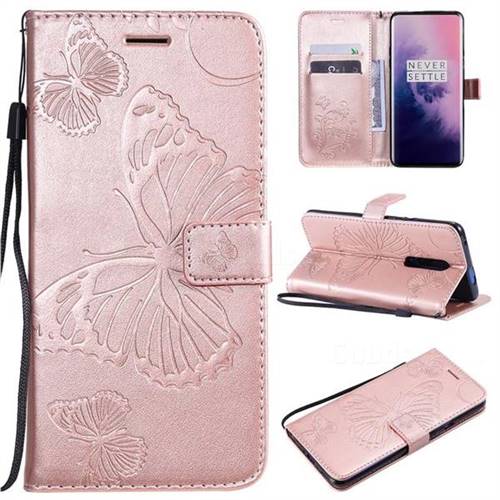 Embossing 3D Butterfly Leather Wallet Case for OnePlus 7 Pro - Rose Gold