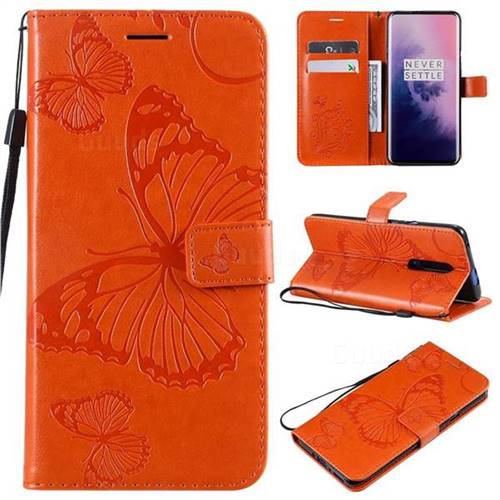 Embossing 3D Butterfly Leather Wallet Case for OnePlus 7 Pro - Orange