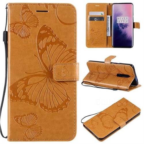 Embossing 3D Butterfly Leather Wallet Case for OnePlus 7 Pro - Yellow