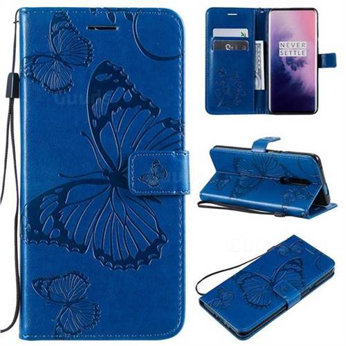 Embossing 3D Butterfly Leather Wallet Case for OnePlus 7 Pro - Blue