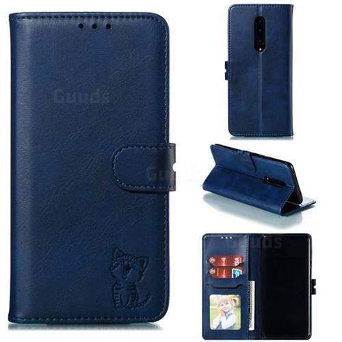Embossing Happy Cat Leather Wallet Case for OnePlus 7 Pro - Blue