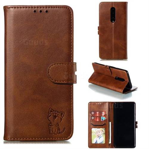 Embossing Happy Cat Leather Wallet Case for OnePlus 7 Pro - Brown