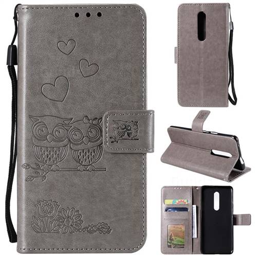 Embossing Owl Couple Flower Leather Wallet Case for OnePlus 7 Pro - Gray