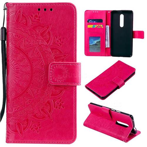 Intricate Embossing Datura Leather Wallet Case for OnePlus 7 Pro - Rose Red