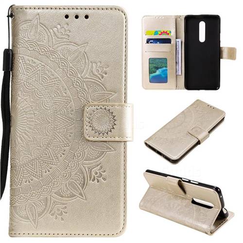 Intricate Embossing Datura Leather Wallet Case for OnePlus 7 Pro - Golden