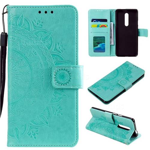 Intricate Embossing Datura Leather Wallet Case for OnePlus 7 Pro - Mint Green