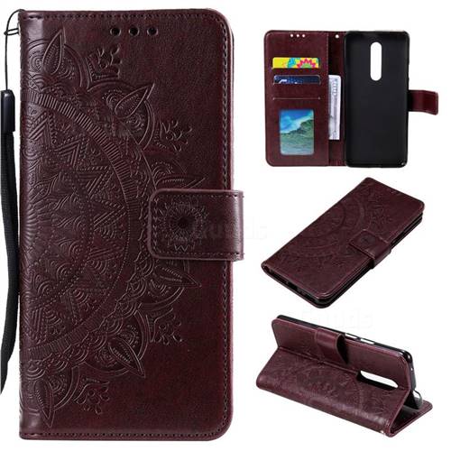 Intricate Embossing Datura Leather Wallet Case for OnePlus 7 Pro - Brown