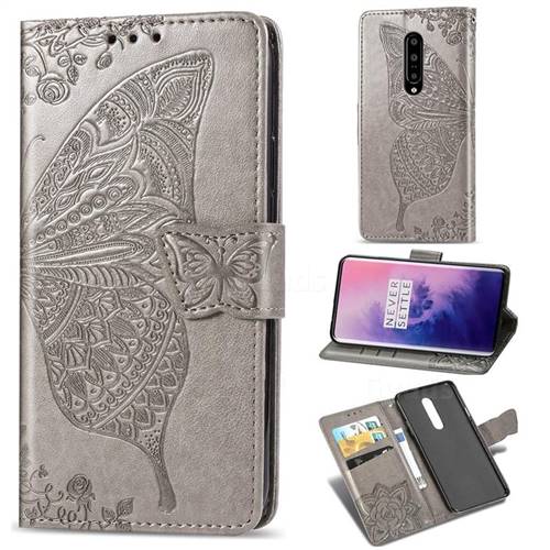 Embossing Mandala Flower Butterfly Leather Wallet Case for OnePlus 7 Pro - Gray