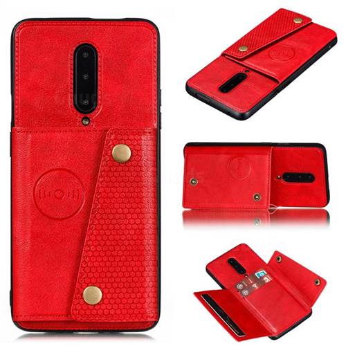 Retro Multifunction Card Slots Stand Leather Coated Phone Back Cover for OnePlus 7 Pro - Red
