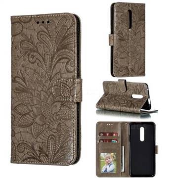 Intricate Embossing Lace Jasmine Flower Leather Wallet Case for OnePlus 7 Pro - Gray