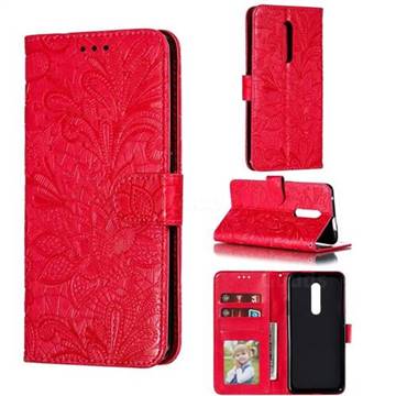 Intricate Embossing Lace Jasmine Flower Leather Wallet Case for OnePlus 7 Pro - Red