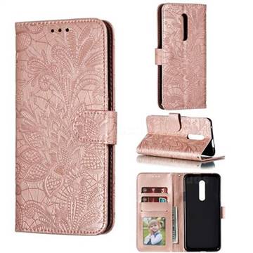 Intricate Embossing Lace Jasmine Flower Leather Wallet Case for OnePlus 7 Pro - Rose Gold