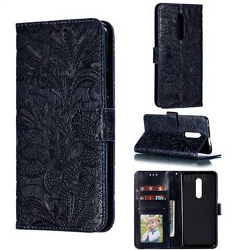 Intricate Embossing Lace Jasmine Flower Leather Wallet Case for OnePlus 7 Pro - Dark Blue