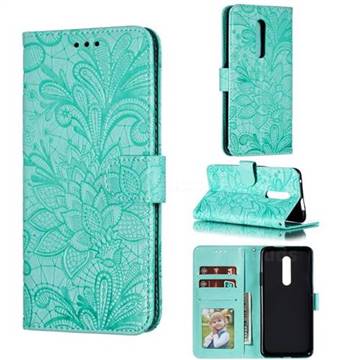Intricate Embossing Lace Jasmine Flower Leather Wallet Case for OnePlus 7 Pro - Green