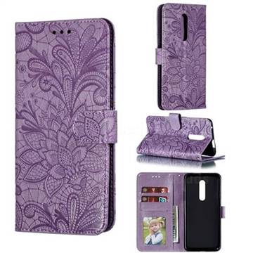 Intricate Embossing Lace Jasmine Flower Leather Wallet Case for OnePlus 7 Pro - Purple
