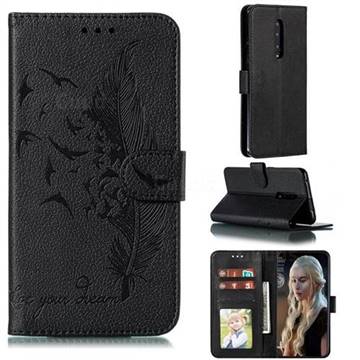 Intricate Embossing Lychee Feather Bird Leather Wallet Case for OnePlus 7 Pro - Black