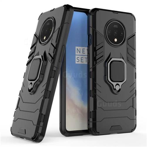 Black Panther Armor Metal Ring Grip Shockproof Dual Layer Rugged Hard Cover for OnePlus 7T - Black