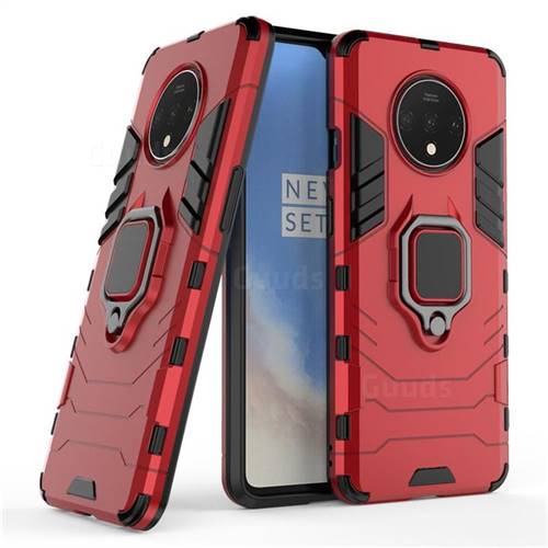 Black Panther Armor Metal Ring Grip Shockproof Dual Layer Rugged Hard Cover for OnePlus 7T - Red