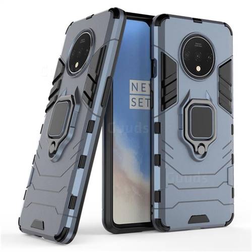 Black Panther Armor Metal Ring Grip Shockproof Dual Layer Rugged Hard Cover for OnePlus 7T - Blue