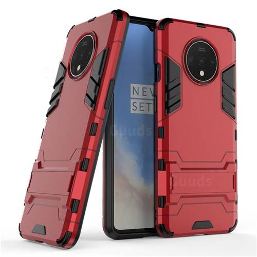 Armor Premium Tactical Grip Kickstand Shockproof Dual Layer Rugged Hard Cover for OnePlus 7T - Wine Red
