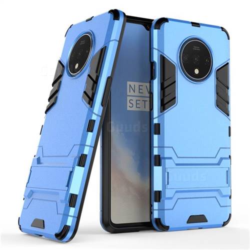 Armor Premium Tactical Grip Kickstand Shockproof Dual Layer Rugged Hard Cover for OnePlus 7T - Light Blue
