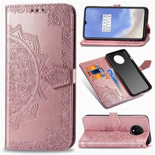 Embossing Imprint Mandala Flower Leather Wallet Case for OnePlus 7T - Rose Gold