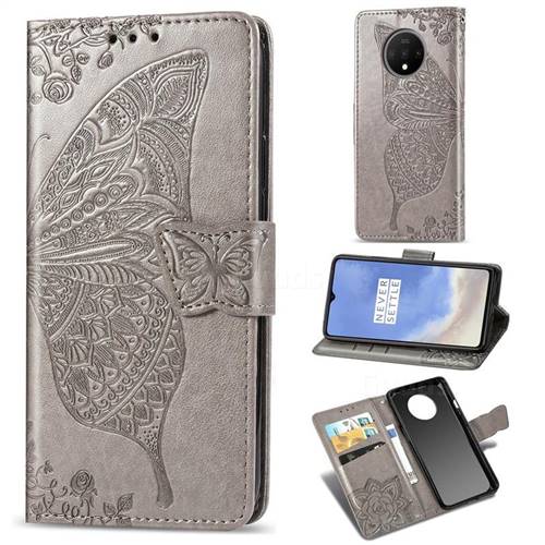 Embossing Mandala Flower Butterfly Leather Wallet Case for OnePlus 7T - Gray
