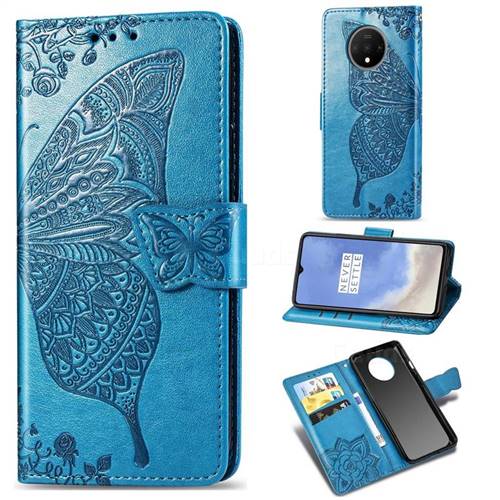 Embossing Mandala Flower Butterfly Leather Wallet Case for OnePlus 7T - Blue