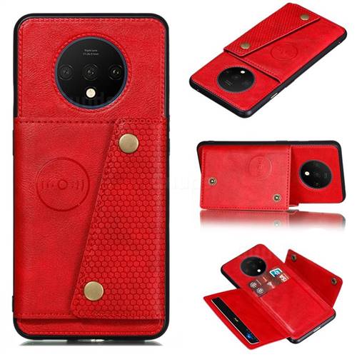 Retro Multifunction Card Slots Stand Leather Coated Phone Back Cover for OnePlus 7T - Red
