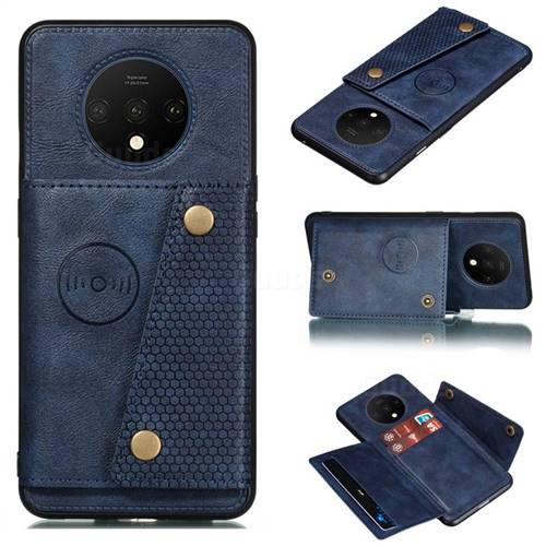 Retro Multifunction Card Slots Stand Leather Coated Phone Back Cover for OnePlus 7T - Blue