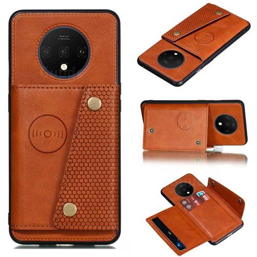 Retro Multifunction Card Slots Stand Leather Coated Phone Back Cover for OnePlus 7T - Brown
