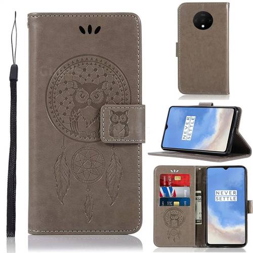 Intricate Embossing Owl Campanula Leather Wallet Case for OnePlus 7T - Grey