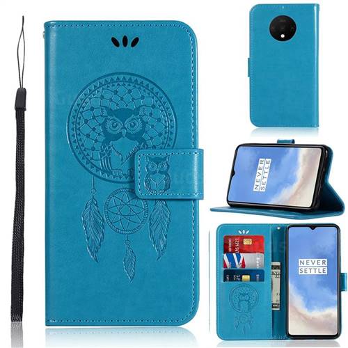 Intricate Embossing Owl Campanula Leather Wallet Case for OnePlus 7T - Blue