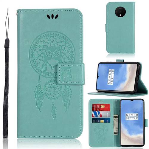 Intricate Embossing Owl Campanula Leather Wallet Case for OnePlus 7T - Green