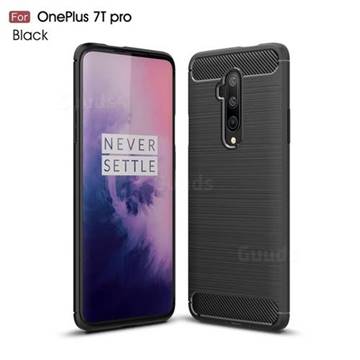Luxury Carbon Fiber Brushed Wire Drawing Silicone TPU Back Cover for OnePlus 7T Pro - Black