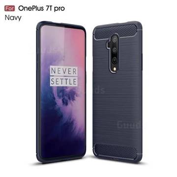 Luxury Carbon Fiber Brushed Wire Drawing Silicone TPU Back Cover for OnePlus 7T Pro - Navy