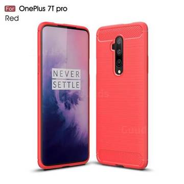 Luxury Carbon Fiber Brushed Wire Drawing Silicone TPU Back Cover for OnePlus 7T Pro - Red