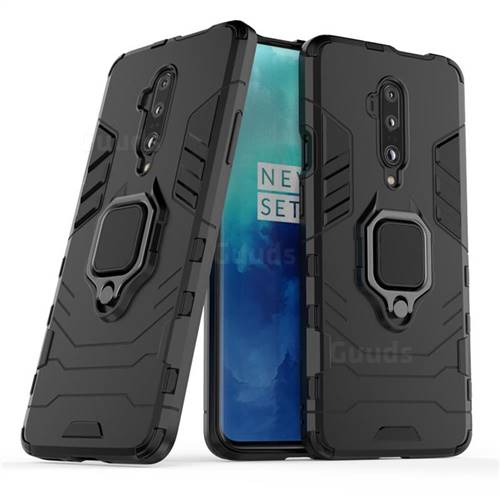 Black Panther Armor Metal Ring Grip Shockproof Dual Layer Rugged Hard Cover for OnePlus 7T Pro - Black