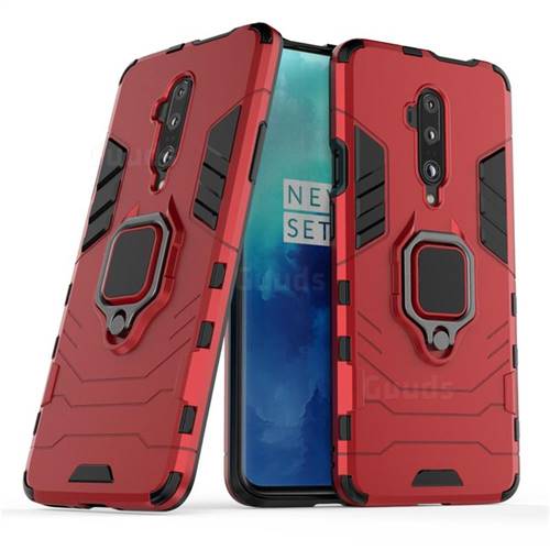 Black Panther Armor Metal Ring Grip Shockproof Dual Layer Rugged Hard Cover for OnePlus 7T Pro - Red