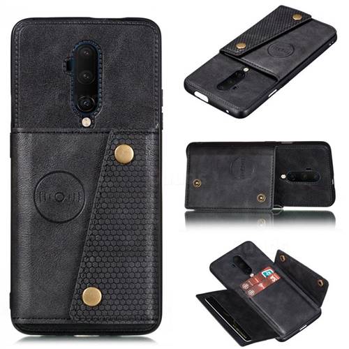 Retro Multifunction Card Slots Stand Leather Coated Phone Back Cover for OnePlus 7T Pro - Black
