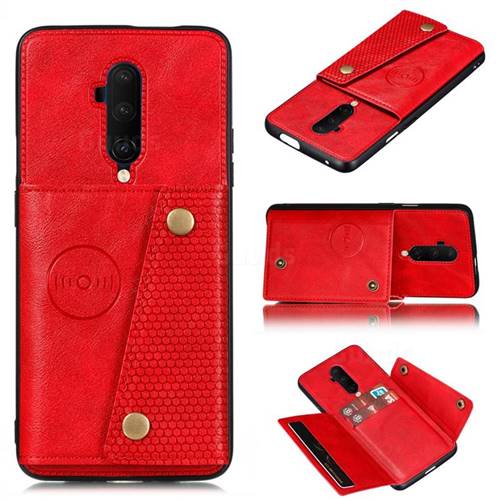 Retro Multifunction Card Slots Stand Leather Coated Phone Back Cover for OnePlus 7T Pro - Red